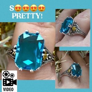 Gorgeous Aquamarine & Sterling Silver Vintage Look Ring. NEW. Bold Beauty